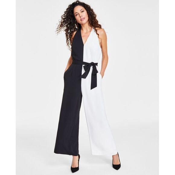 INC International Concepts Pants - Petite Contrast Colorblocked Halter Jumpsuit